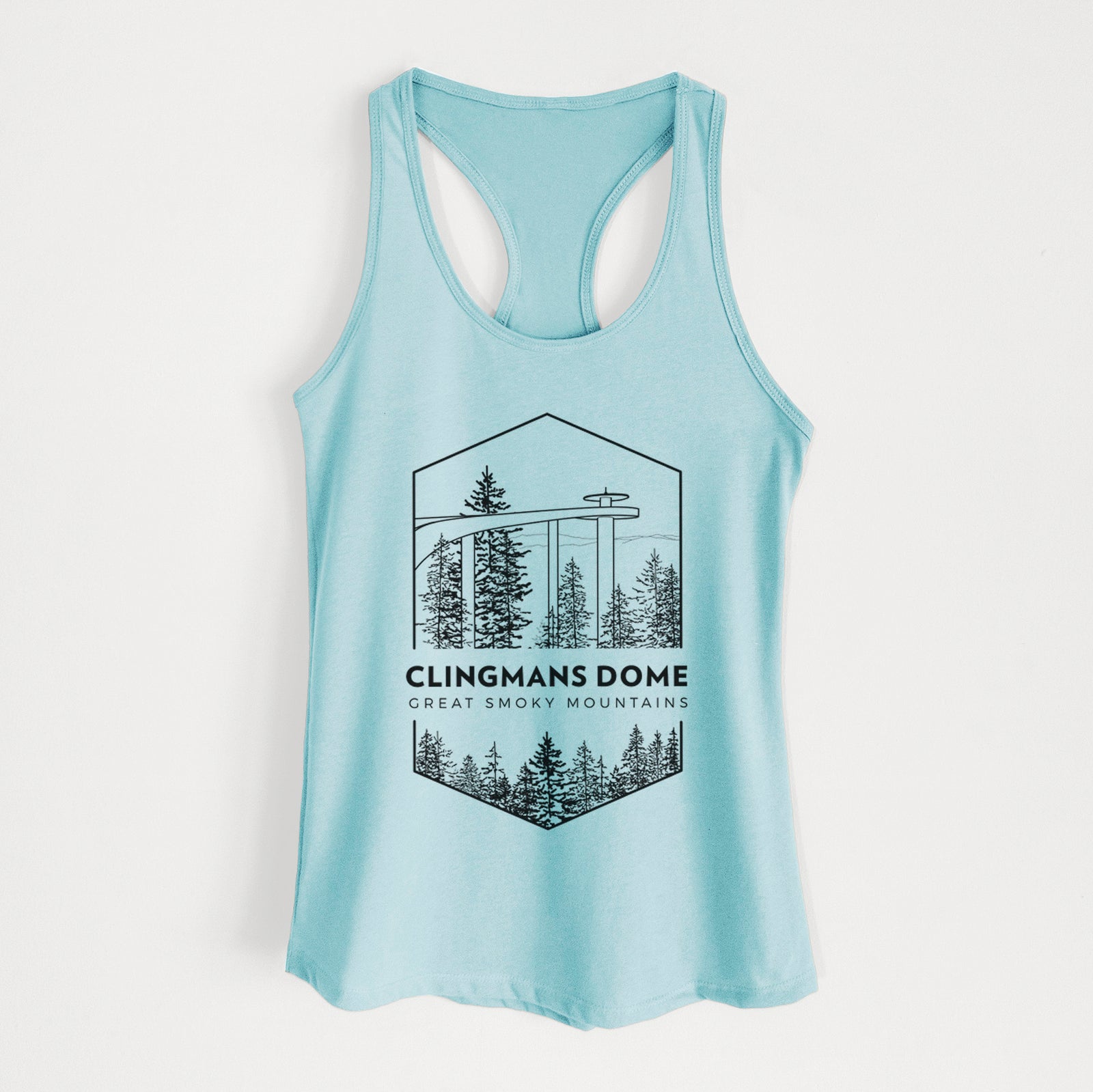 Banana cream women's racerback tank top laid flat, printed with a black line art badge of the Clingmans Dome observation tower above a pine forest, with the words Clingmans Dome, Great Smoky Mountains.
