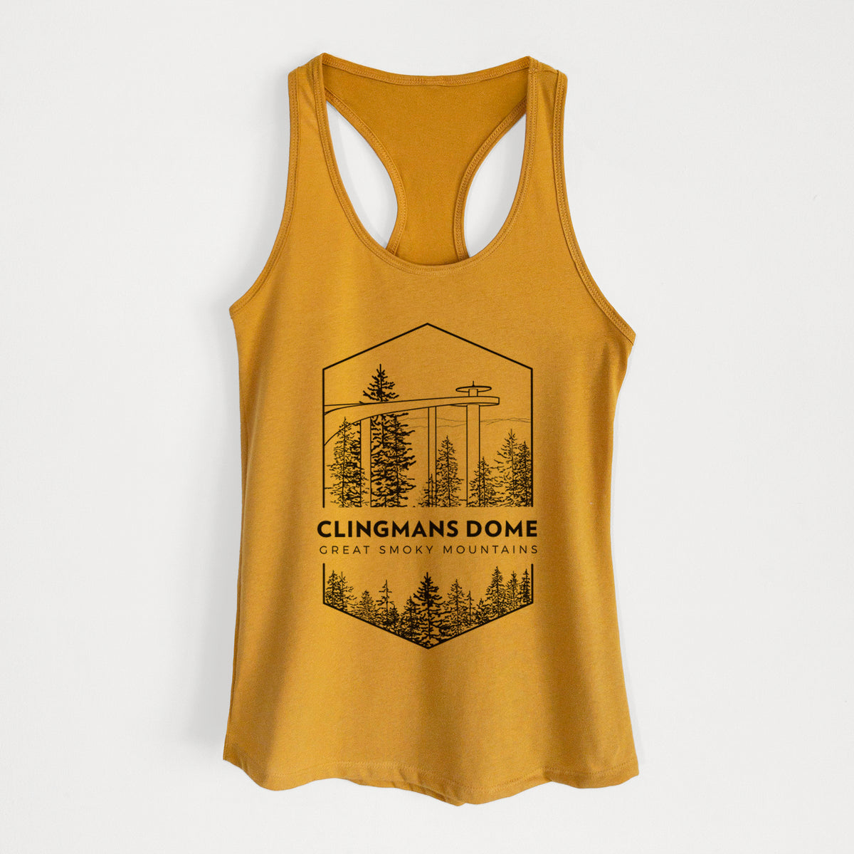 Gold women's racerback tank top laid flat, printed with a black line art badge of the Clingmans Dome observation tower above a pine forest, with the words Clingmans Dome, Great Smoky Mountains.