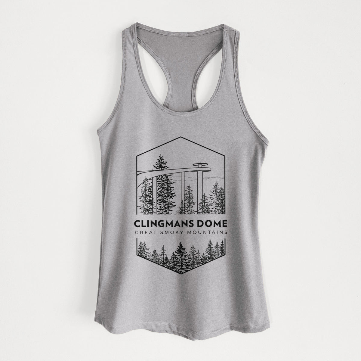 Heather grey women's racerback tank top laid flat, printed with a black line art badge of the Clingmans Dome observation tower above a pine forest, with the words Clingmans Dome, Great Smoky Mountains.