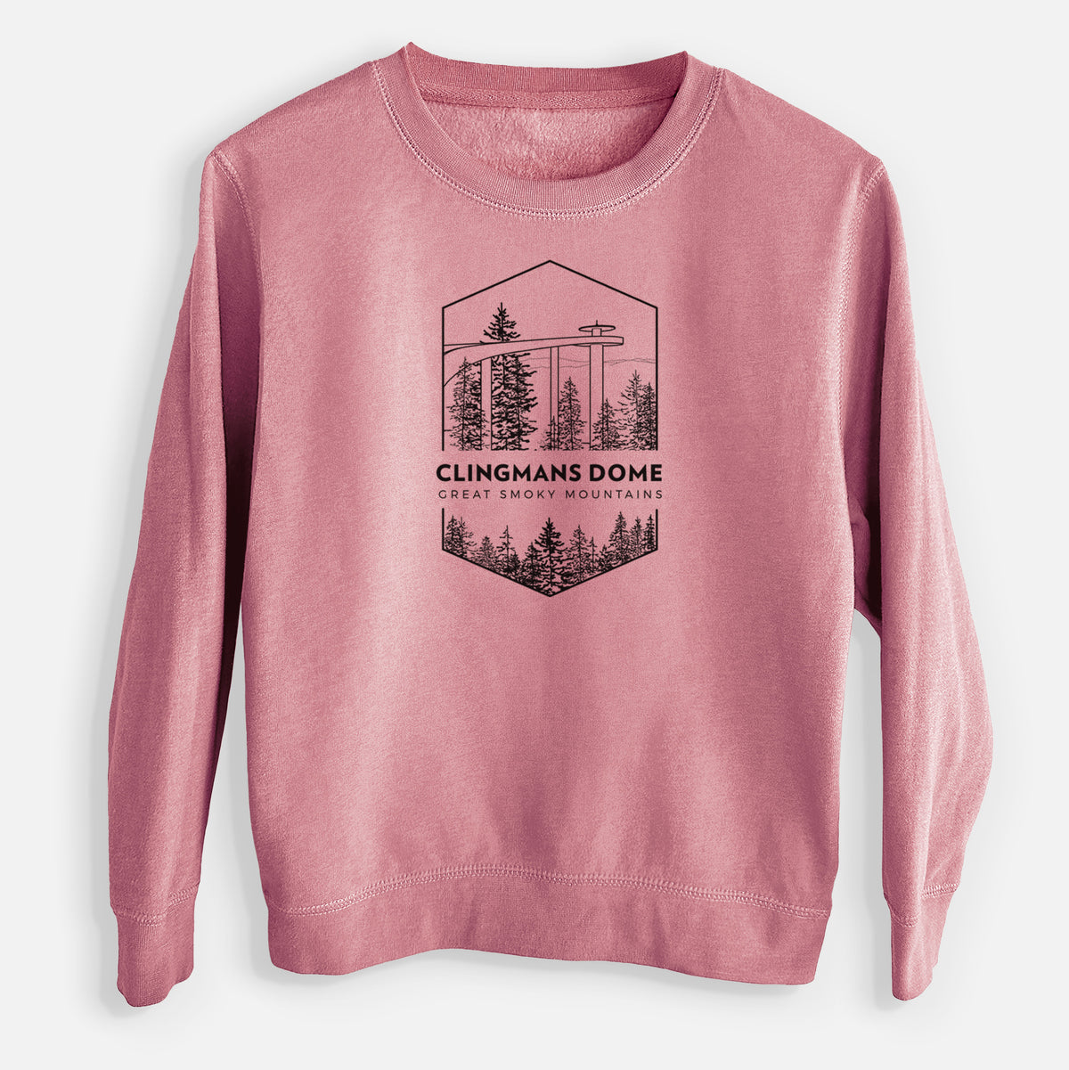 Mauve pink youth crewneck sweatshirt laid flat, printed with a black line art badge of the Clingmans Dome observation tower above a pine forest, with the words Clingmans Dome, Great Smoky Mountains.