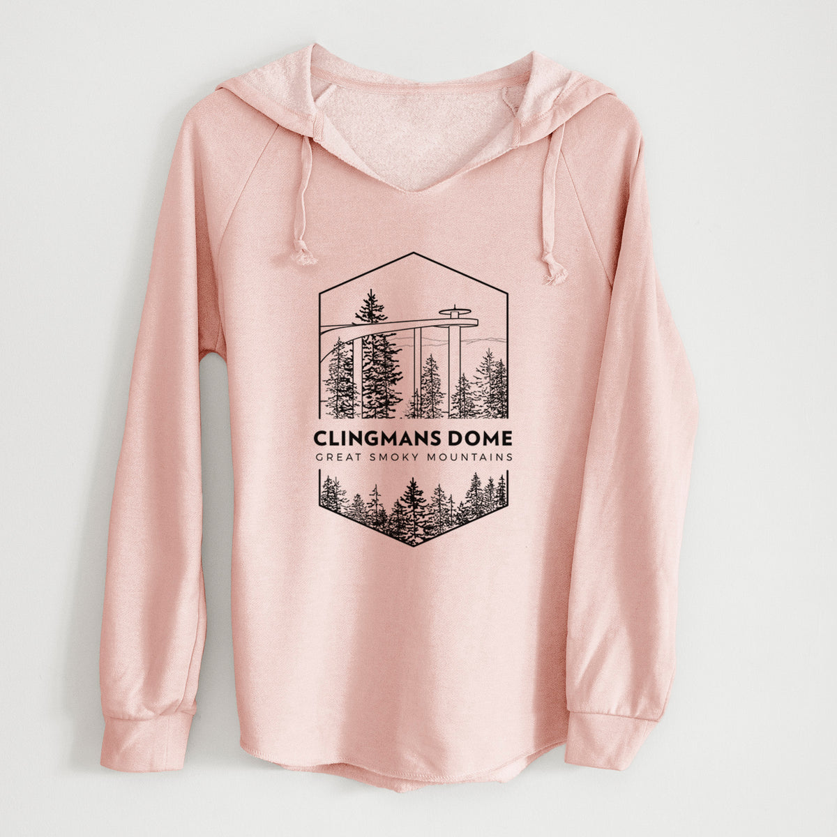 Blush pink women's Cali Wave hooded sweatshirt laid flat, printed with a black line art badge of the Clingmans Dome observation tower above a pine forest, with the words Clingmans Dome, Great Smoky Mountains.