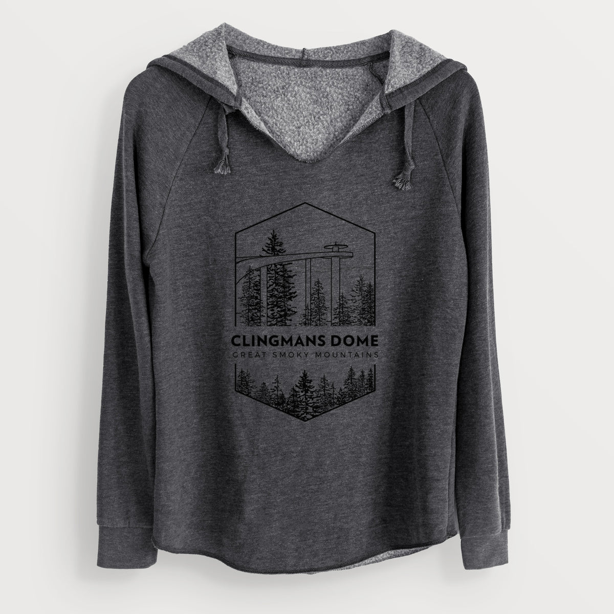 Charcoal grey women's Cali Wave hooded sweatshirt laid flat, printed with a black line art badge of the Clingmans Dome observation tower above a pine forest, with the words Clingmans Dome, Great Smoky Mountains.