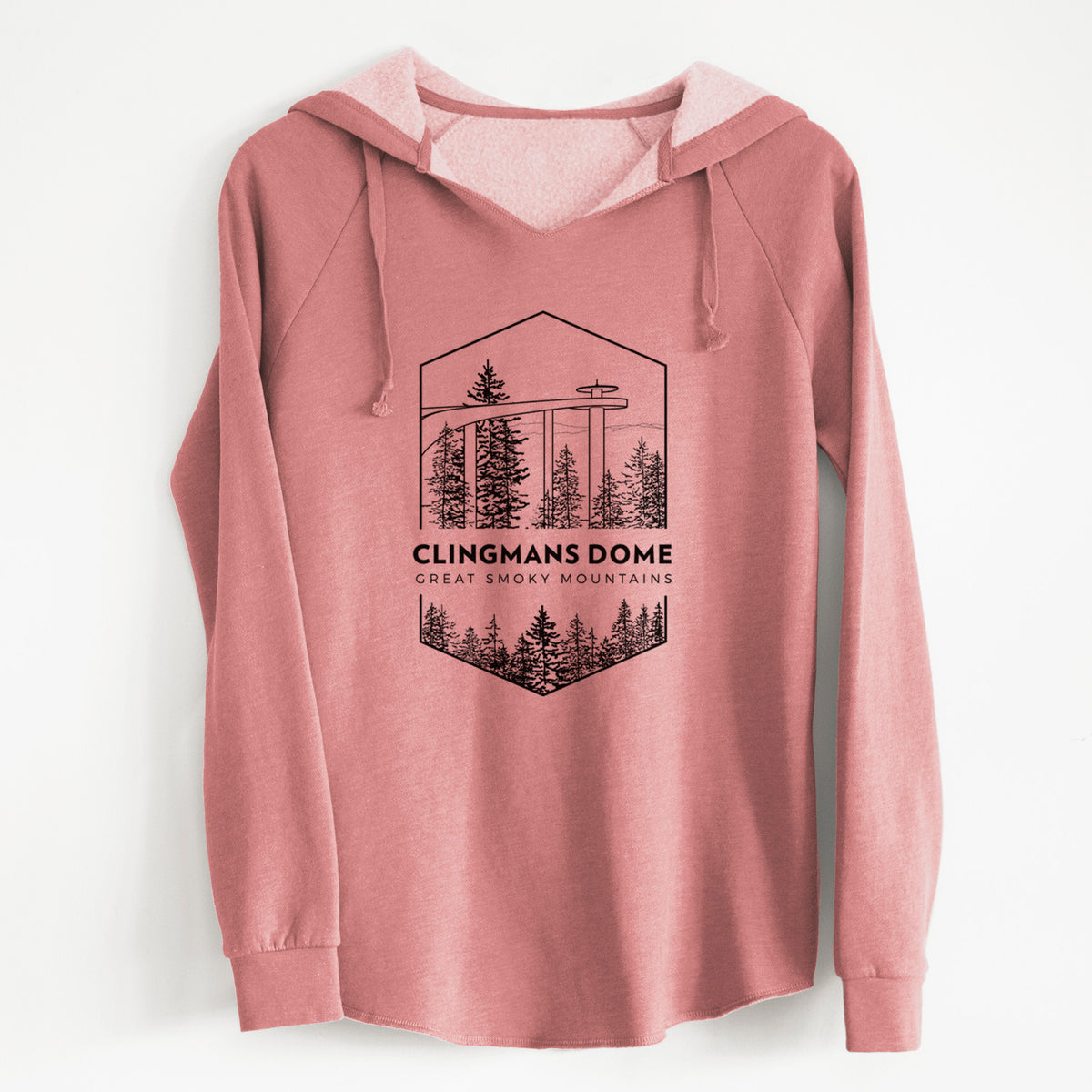 Dusty rose women's Cali Wave hooded sweatshirt laid flat, printed with a black line art badge of the Clingmans Dome observation tower above a pine forest, with the words Clingmans Dome, Great Smoky Mountains.