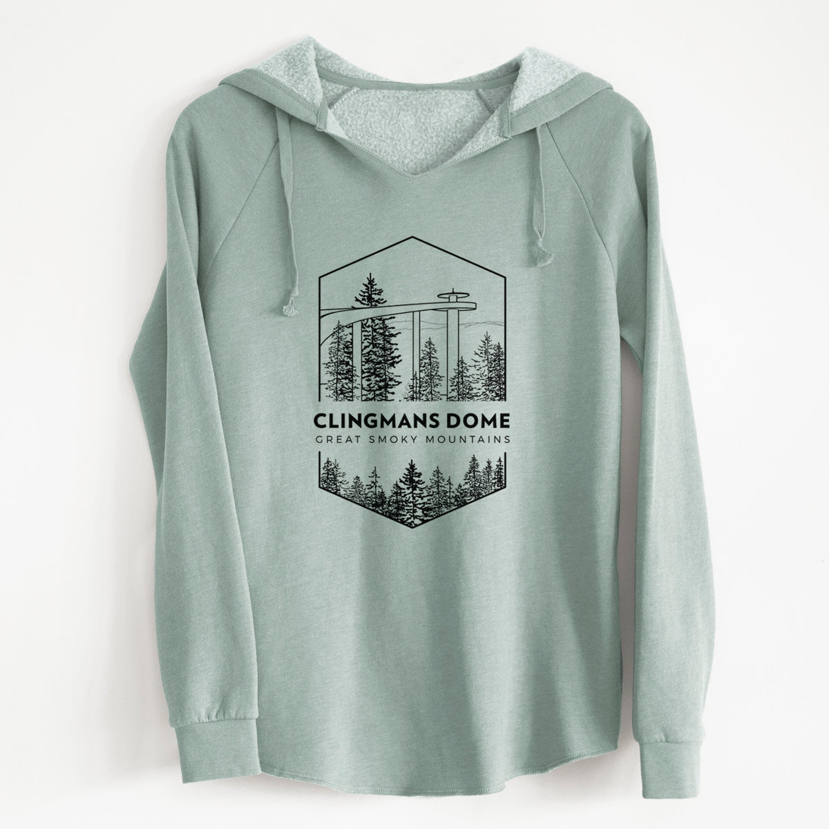 Sage green women's Cali Wave hooded sweatshirt laid flat, printed with a black line art badge of the Clingmans Dome observation tower above a pine forest, with the words Clingmans Dome, Great Smoky Mountains.