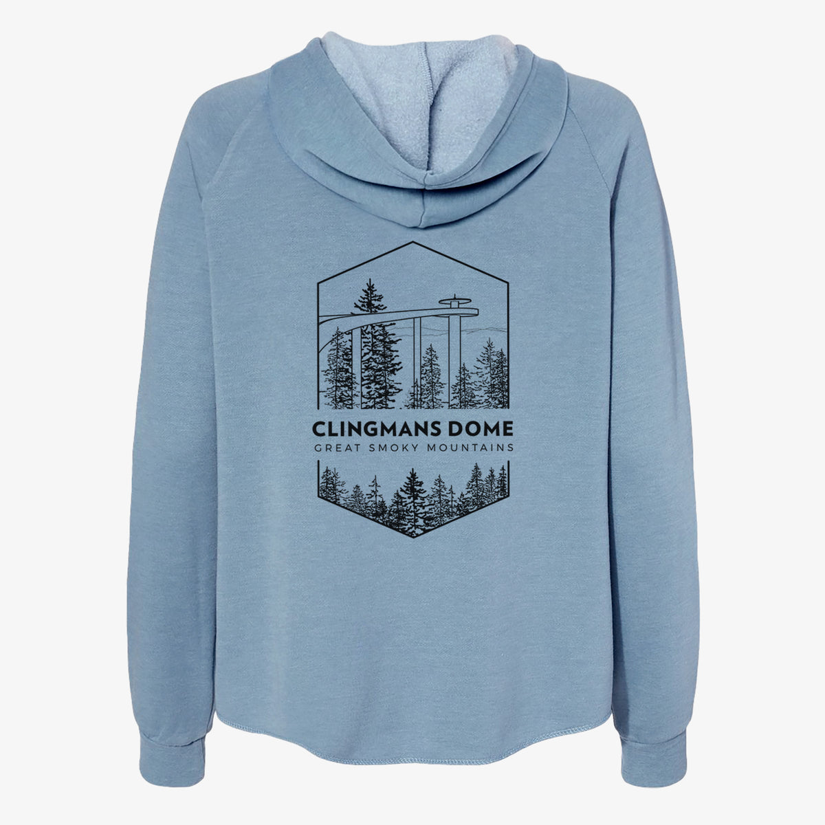 Misty blue women's Cali Wave zip-up sweatshirt laid flat, printed with a black line art badge of the Clingmans Dome observation tower above a pine forest, with the words Clingmans Dome, Great Smoky Mountains.