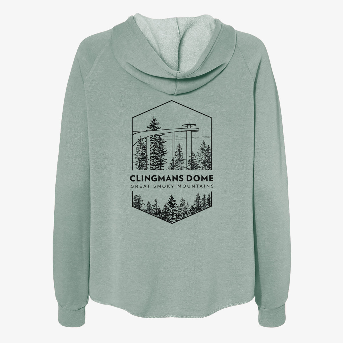 Sage green women's Cali Wave zip-up sweatshirt laid flat, printed with a black line art badge of the Clingmans Dome observation tower above a pine forest, with the words Clingmans Dome, Great Smoky Mountains.