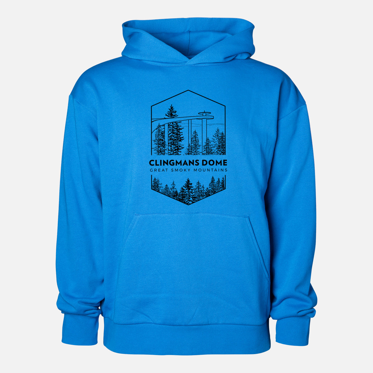 Clingmans Dome - Great Smoky Mountains National Park - Statement Midweight Hoodie in Azure Blue, shown from the front with the design printed on the chest above a front kangaroo pocket.