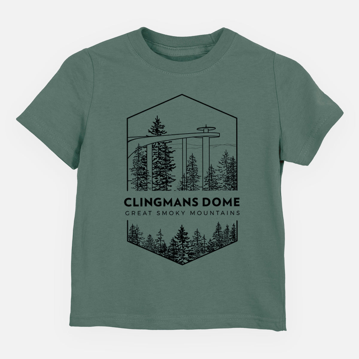 Basil green toddler t-shirt laid flat, printed with a black line art badge of the Clingmans Dome observation tower above a pine forest, with the words Clingmans Dome, Great Smoky Mountains.