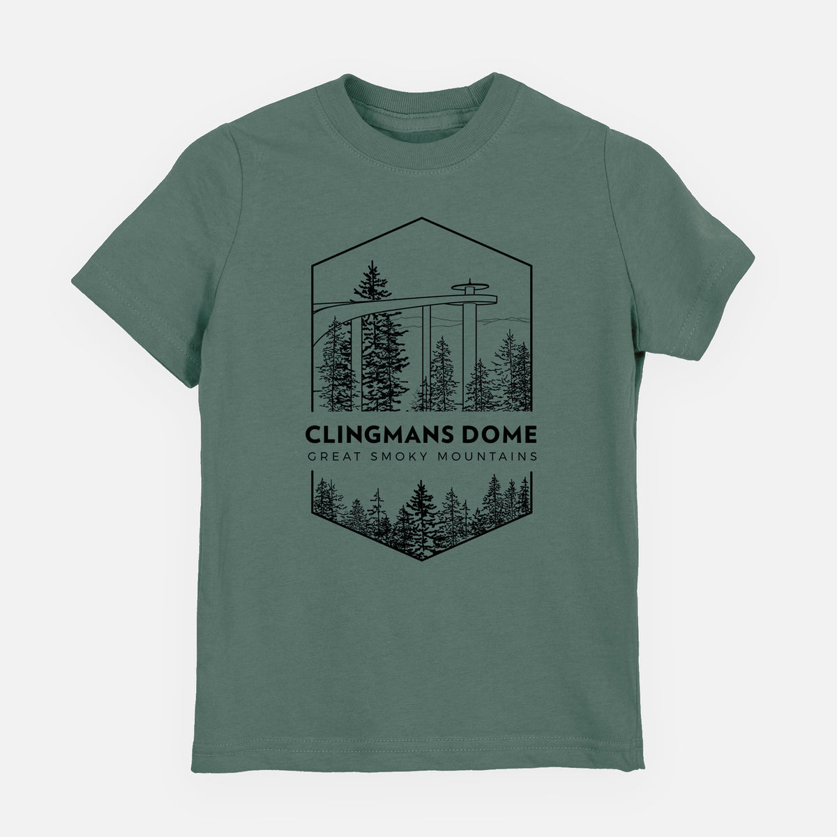 Basil green youth t-shirt laid flat, printed with a black line art badge of the Clingmans Dome observation tower above a pine forest, with the words Clingmans Dome, Great Smoky Mountains.
