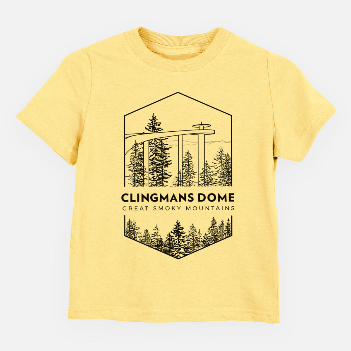 Butter yellow toddler t-shirt laid flat, printed with a black line art badge of the Clingmans Dome observation tower above a pine forest, with the words Clingmans Dome, Great Smoky Mountains.