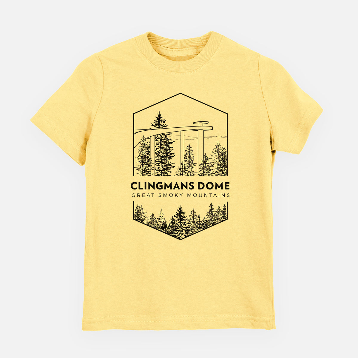 Butter yellow youth t-shirt laid flat, printed with a black line art badge of the Clingmans Dome observation tower above a pine forest, with the words Clingmans Dome, Great Smoky Mountains.