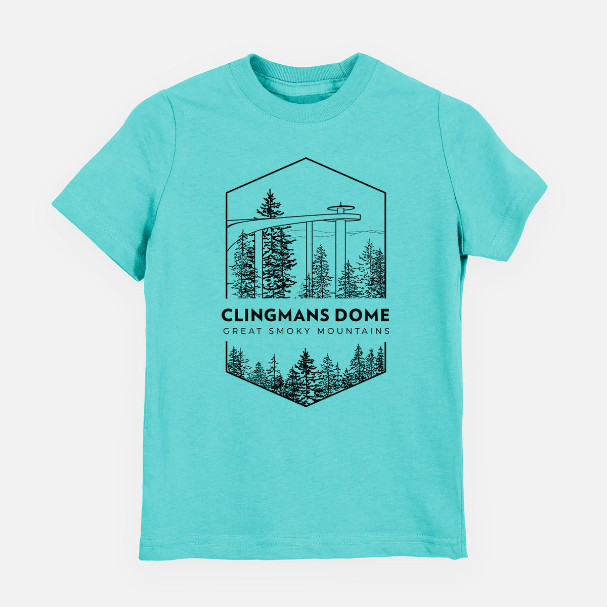 Caribbean blue youth t-shirt laid flat, printed with a black line art badge of the Clingmans Dome observation tower above a pine forest, with the words Clingmans Dome, Great Smoky Mountains.