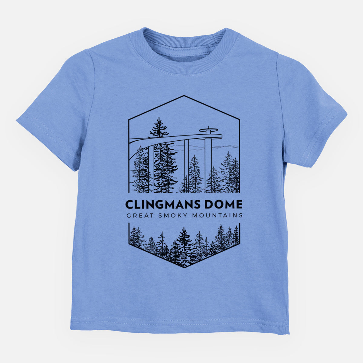 Carolina blue toddler t-shirt laid flat, printed with a black line art badge of the Clingmans Dome observation tower above a pine forest, with the words Clingmans Dome, Great Smoky Mountains.