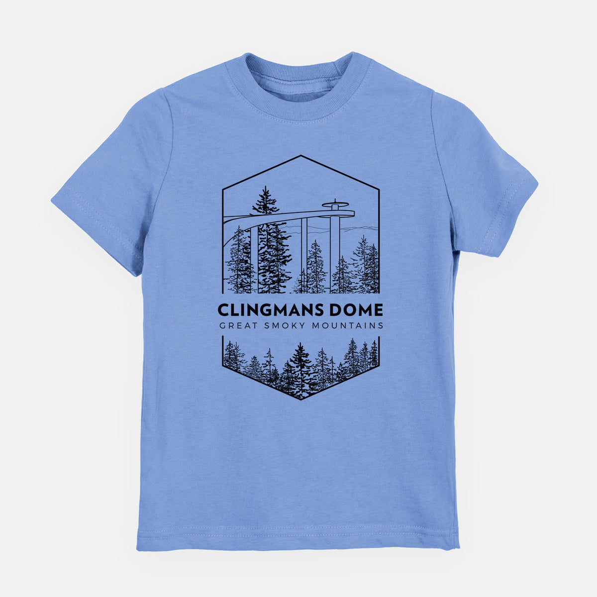 Carolina blue youth t-shirt laid flat, printed with a black line art badge of the Clingmans Dome observation tower above a pine forest, with the words Clingmans Dome, Great Smoky Mountains.