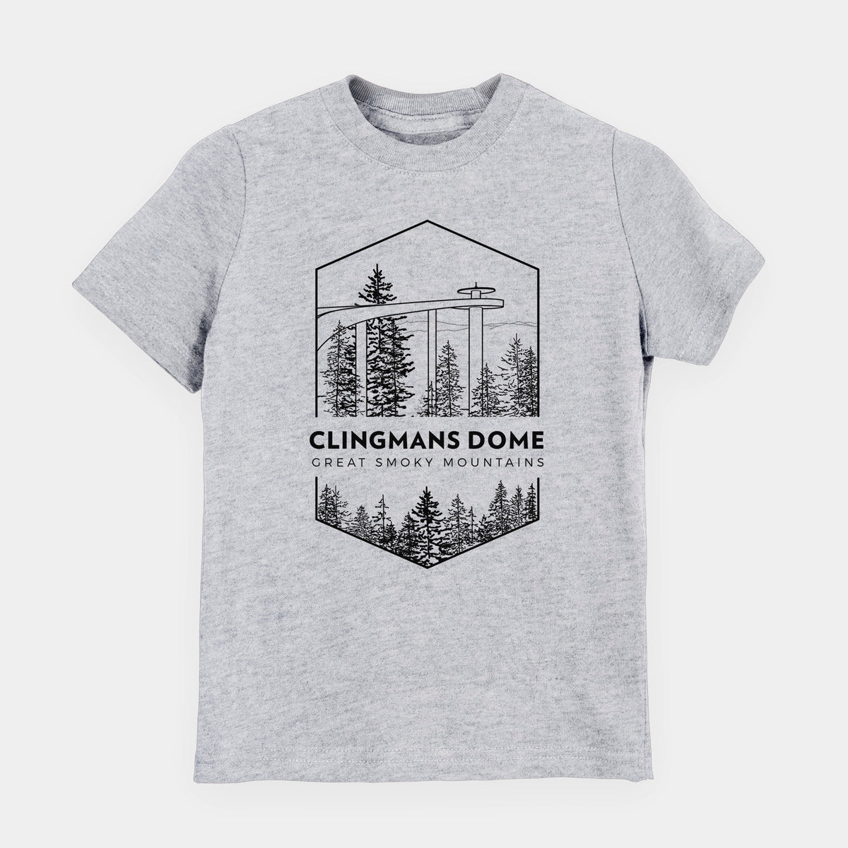 Heather grey youth t-shirt laid flat, printed with a black line art badge of the Clingmans Dome observation tower above a pine forest, with the words Clingmans Dome, Great Smoky Mountains.