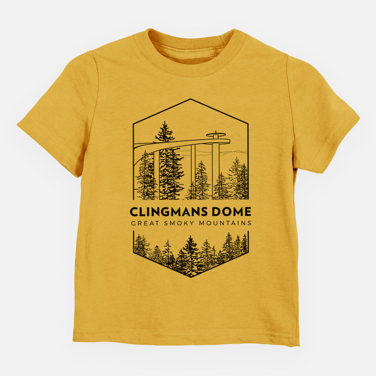 Honeycomb yellow toddler t-shirt laid flat, printed with a black line art badge of the Clingmans Dome observation tower above a pine forest, with the words Clingmans Dome, Great Smoky Mountains.