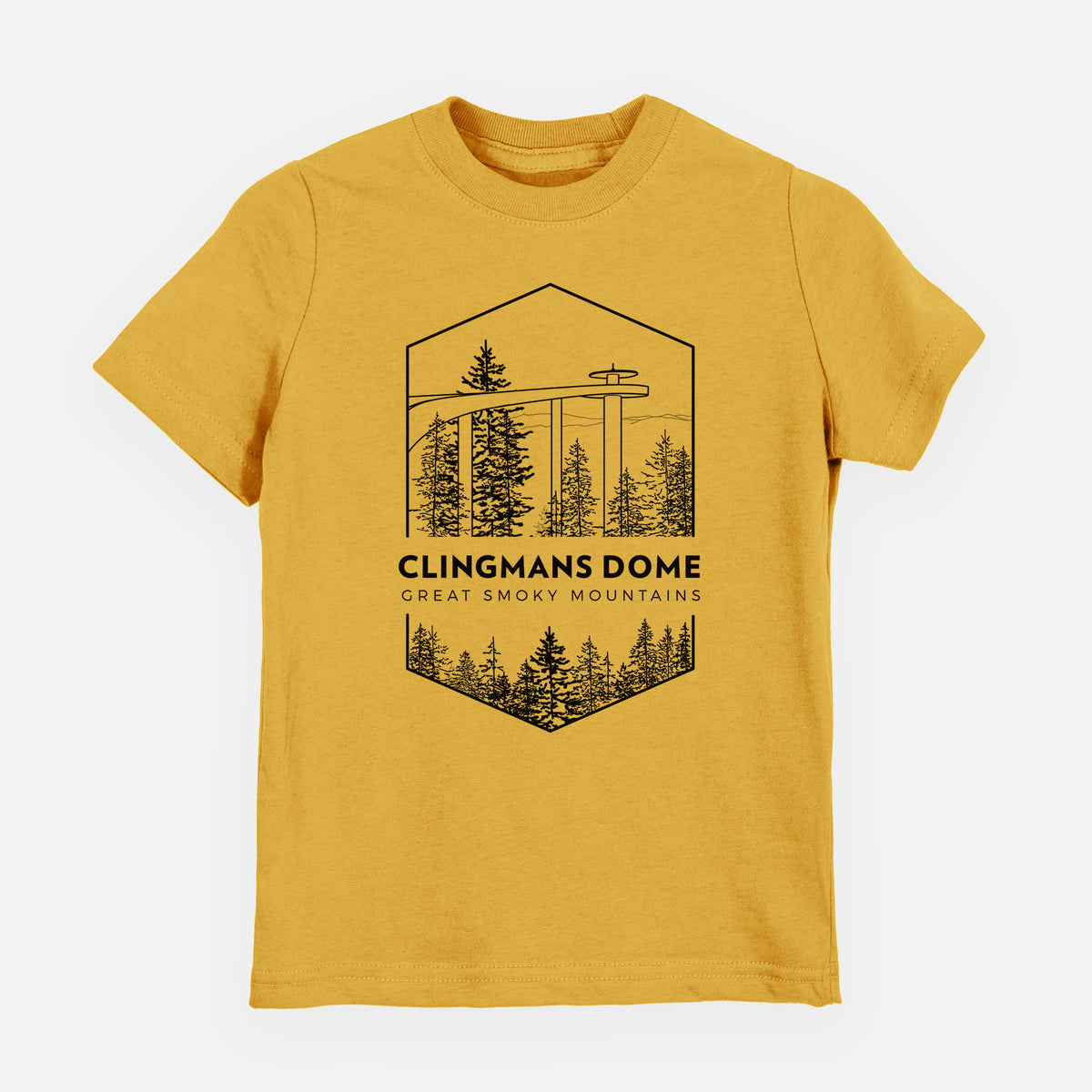 Honeycomb yellow youth t-shirt laid flat, printed with a black line art badge of the Clingmans Dome observation tower above a pine forest, with the words Clingmans Dome, Great Smoky Mountains.