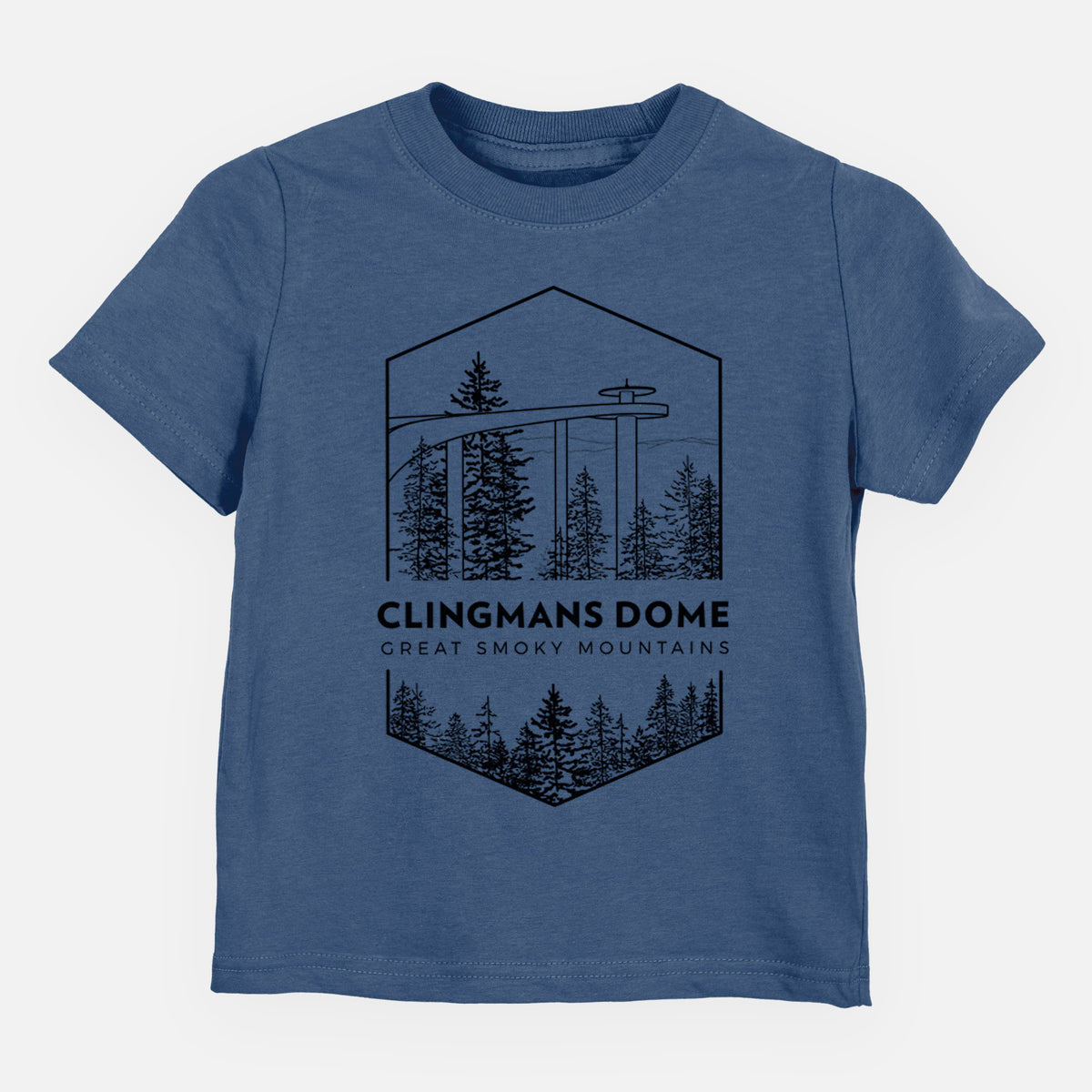 Indigo blue toddler t-shirt laid flat, printed with a black line art badge of the Clingmans Dome observation tower above a pine forest, with the words Clingmans Dome, Great Smoky Mountains.