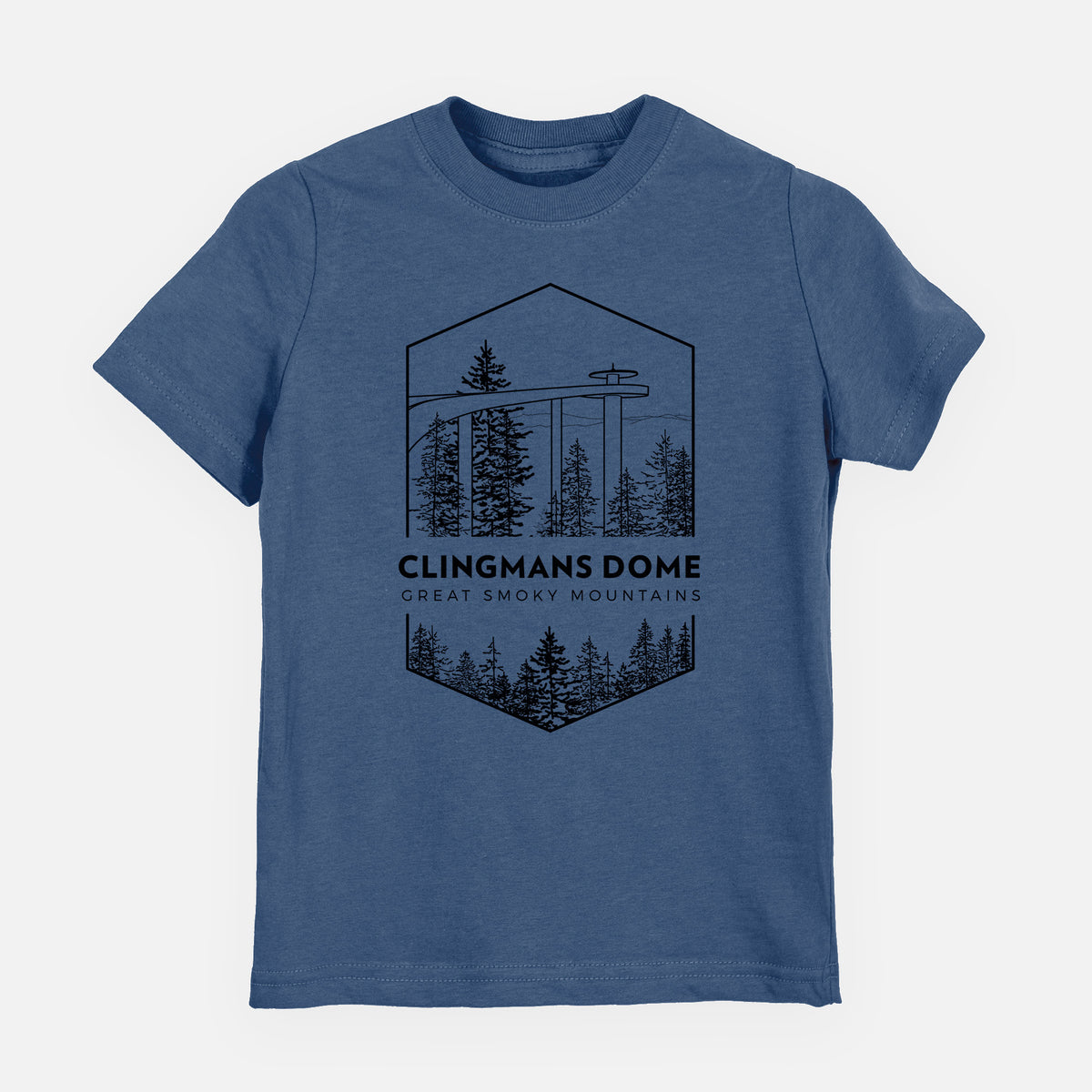 Indigo blue youth t-shirt laid flat, printed with a black line art badge of the Clingmans Dome observation tower above a pine forest, with the words Clingmans Dome, Great Smoky Mountains.