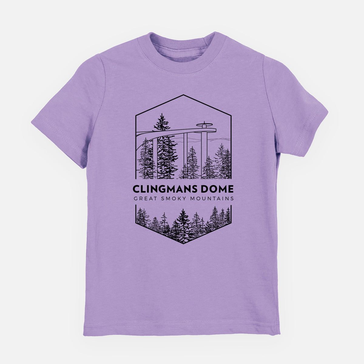 Lavender youth t-shirt laid flat, printed with a black line art badge of the Clingmans Dome observation tower above a pine forest, with the words Clingmans Dome, Great Smoky Mountains.