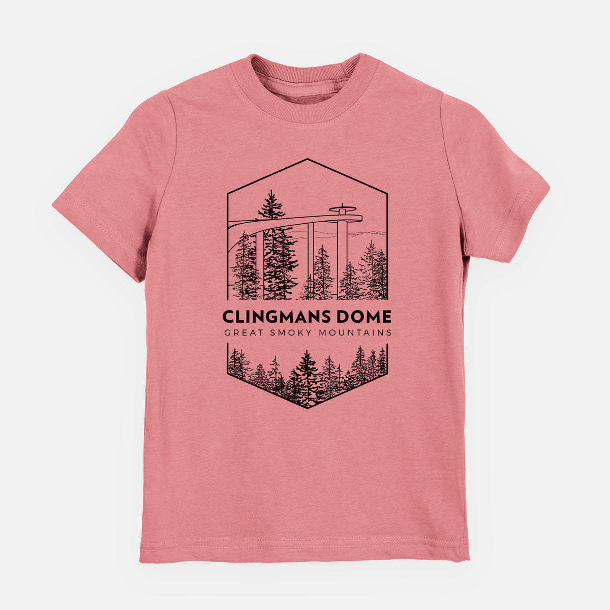 Mauve pink youth t-shirt laid flat, printed with a black line art badge of the Clingmans Dome observation tower above a pine forest, with the words Clingmans Dome, Great Smoky Mountains.
