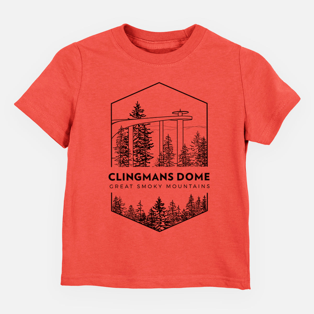 Passionfruit pink toddler t-shirt laid flat, printed with a black line art badge of the Clingmans Dome observation tower above a pine forest, with the words Clingmans Dome, Great Smoky Mountains.