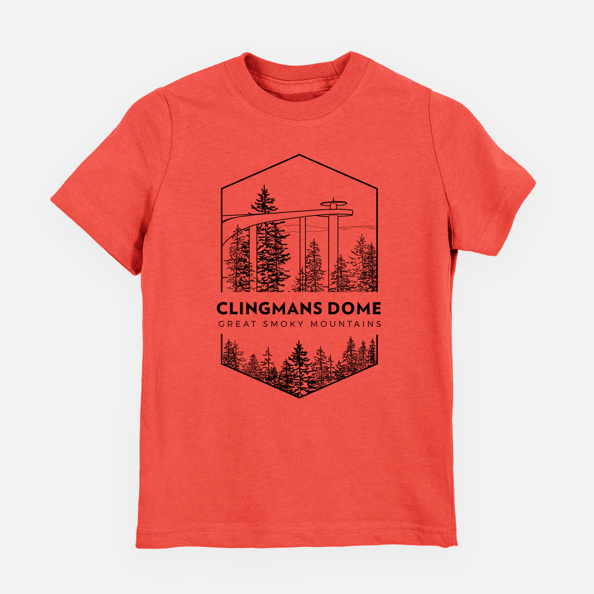 Passionfruit pink youth t-shirt laid flat, printed with a black line art badge of the Clingmans Dome observation tower above a pine forest, with the words Clingmans Dome, Great Smoky Mountains.