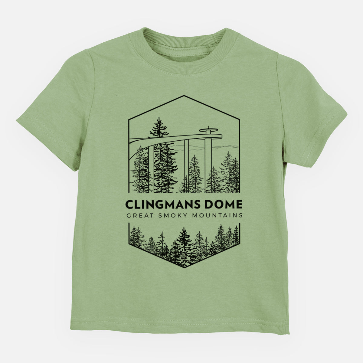 Sage green toddler t-shirt laid flat, printed with a black line art badge of the Clingmans Dome observation tower above a pine forest, with the words Clingmans Dome, Great Smoky Mountains.