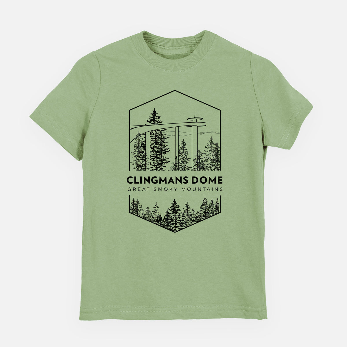 Sage green youth t-shirt laid flat, printed with a black line art badge of the Clingmans Dome observation tower above a pine forest, with the words Clingmans Dome, Great Smoky Mountains.