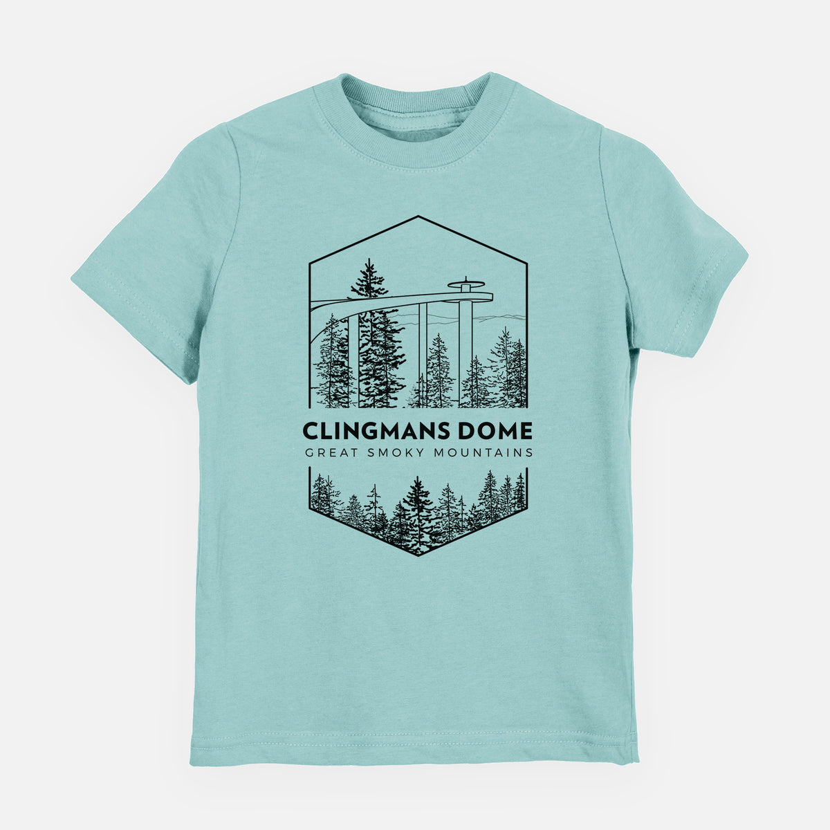 Saltwater youth t-shirt laid flat, printed with a black line art badge of the Clingmans Dome observation tower above a pine forest, with the words Clingmans Dome, Great Smoky Mountains.