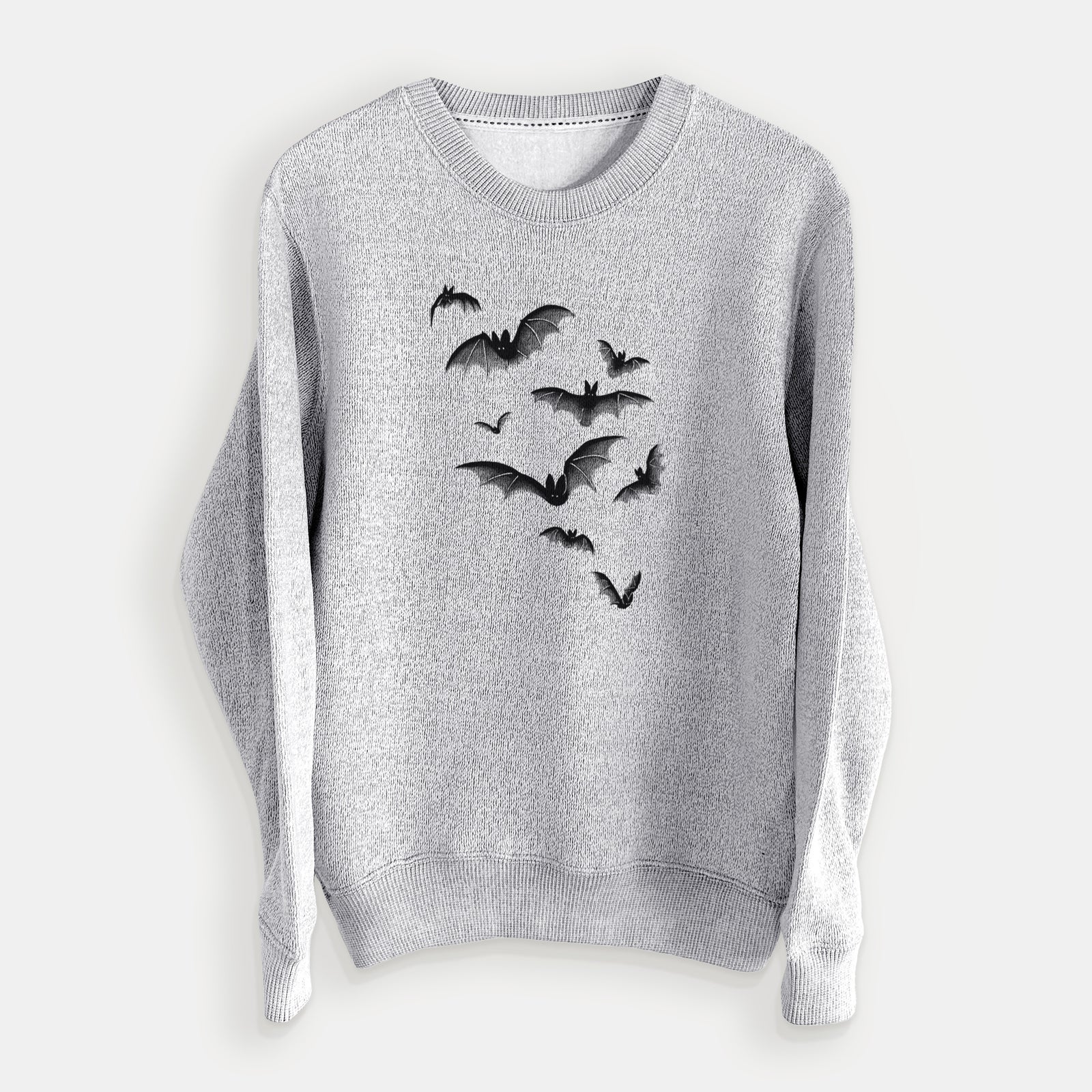 Salt and pepper knit sweatshirt laid flat, printed with a black ink illustration of a cloud of bats in flight.