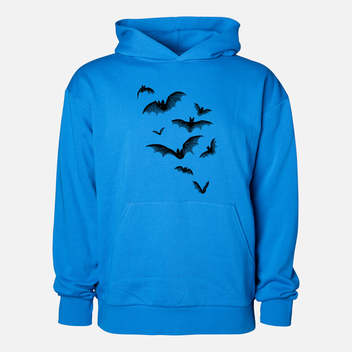 Cloud of Bats - Statement Midweight Hoodie in Azure Blue, shown from the front with the design printed on the chest above a front kangaroo pocket.