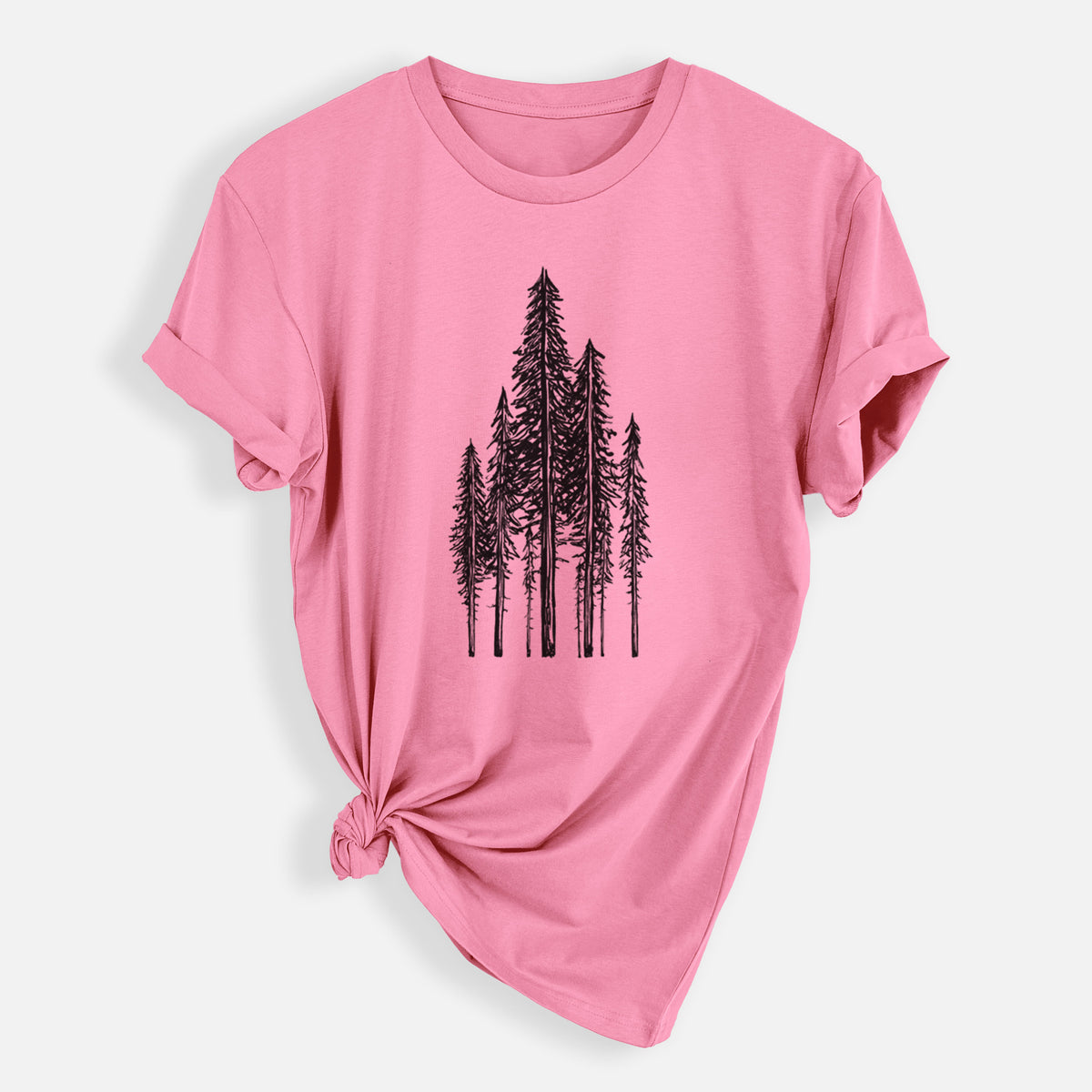 Bubblegum everyday staple tee printed with a black ink illustration of a stand of tall coastal redwood trees with slender trunks and layered branches.
