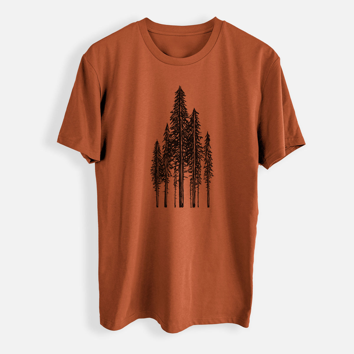 Copper everyday staple tee printed with a black ink illustration of a stand of tall coastal redwood trees with slender trunks and layered branches.