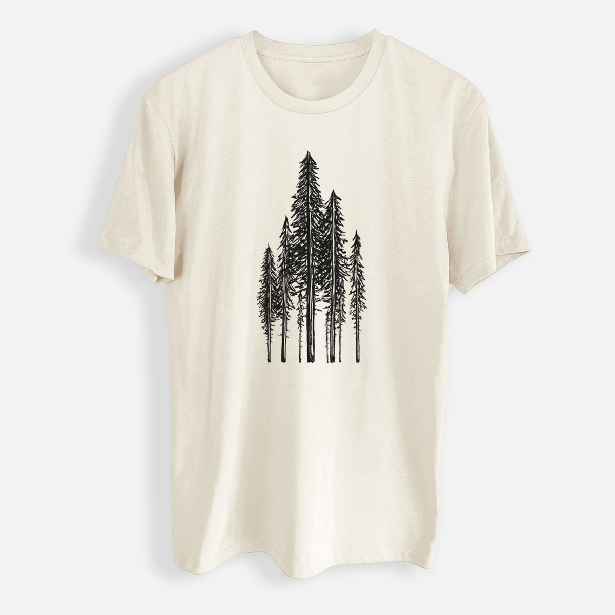 Ecru everyday staple tee printed with a black ink illustration of a stand of tall coastal redwood trees with slender trunks and layered branches.
