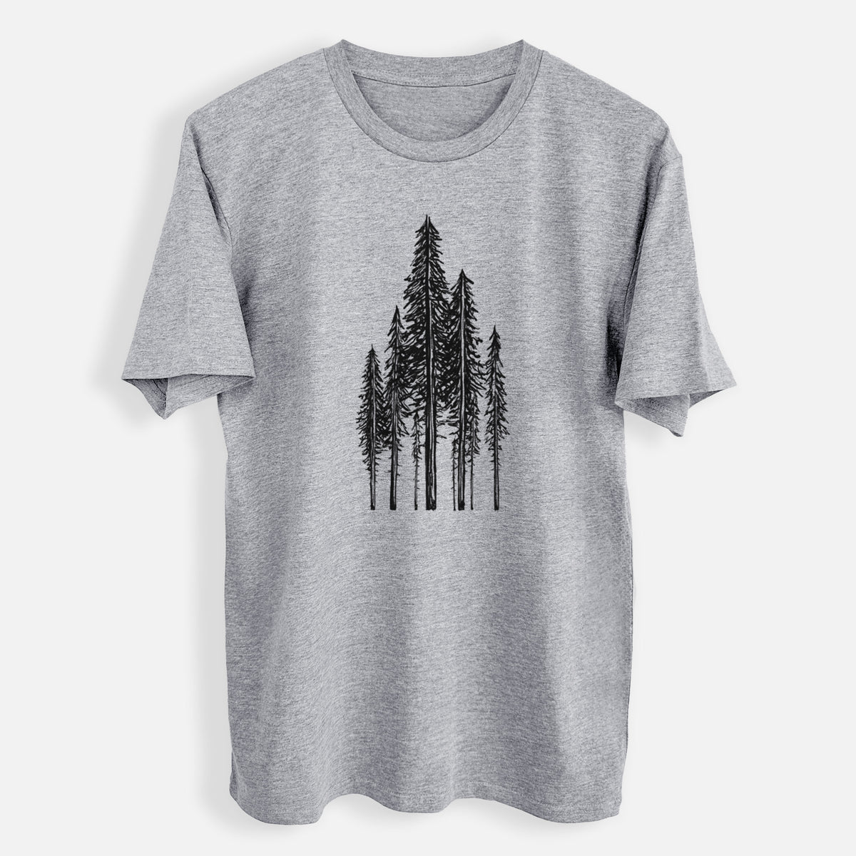 Grey everyday staple tee printed with a black ink illustration of a stand of tall coastal redwood trees with slender trunks and layered branches.