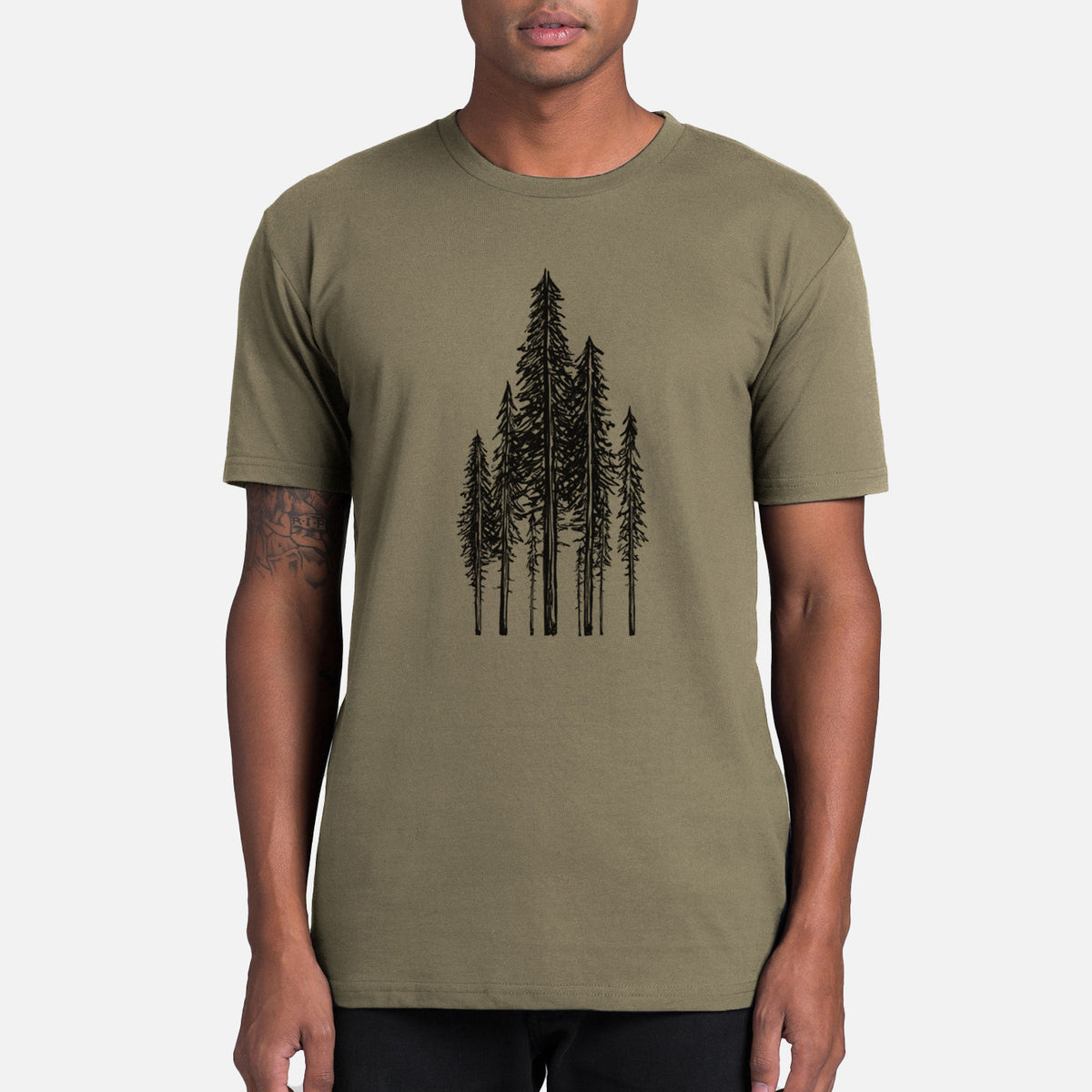 Everyday staple tee printed with a black ink illustration of a stand of tall coastal redwood trees with slender trunks and layered branches.