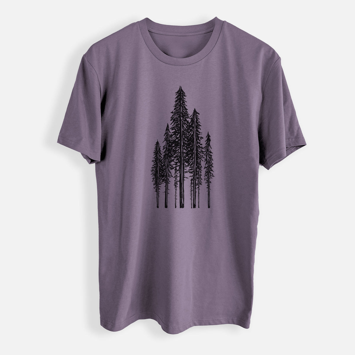 Mauve pink everyday staple tee printed with a black ink illustration of a stand of tall coastal redwood trees with slender trunks and layered branches.