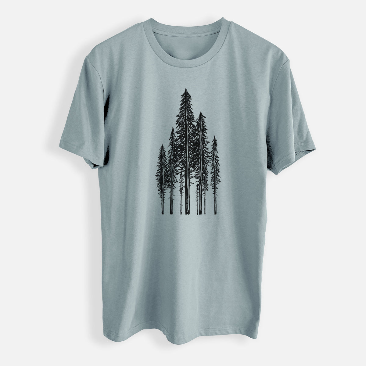 Mineral everyday staple tee printed with a black ink illustration of a stand of tall coastal redwood trees with slender trunks and layered branches.