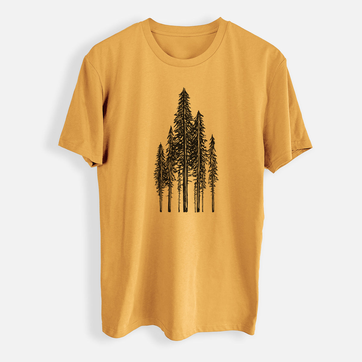 Mustard yellow everyday staple tee printed with a black ink illustration of a stand of tall coastal redwood trees with slender trunks and layered branches.