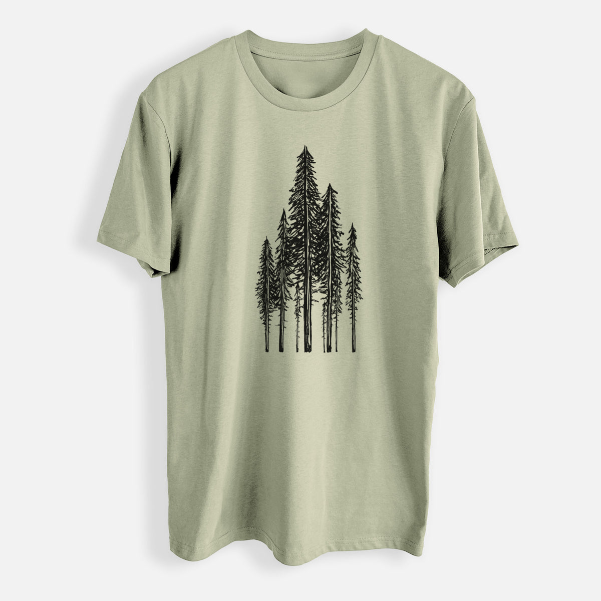 Pistachio everyday staple tee printed with a black ink illustration of a stand of tall coastal redwood trees with slender trunks and layered branches.