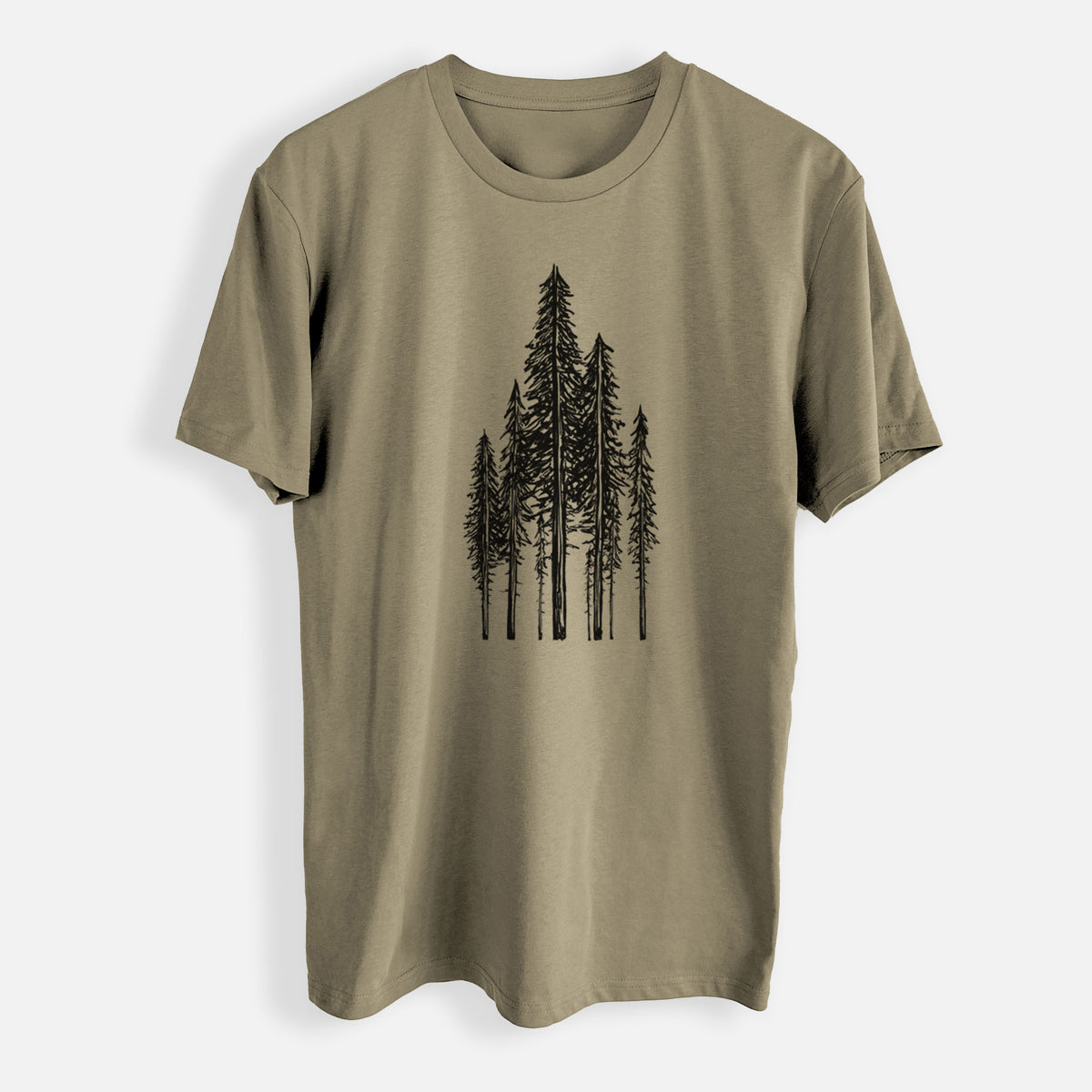Safari everyday staple tee printed with a black ink illustration of a stand of tall coastal redwood trees with slender trunks and layered branches.