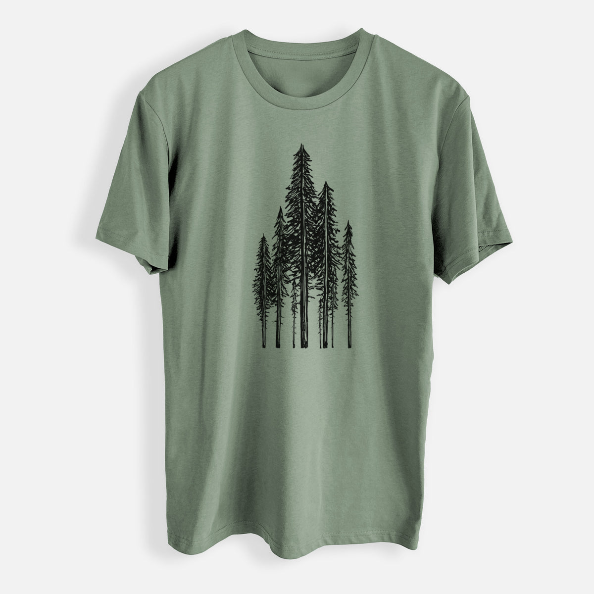 Sage green everyday staple tee printed with a black ink illustration of a stand of tall coastal redwood trees with slender trunks and layered branches.