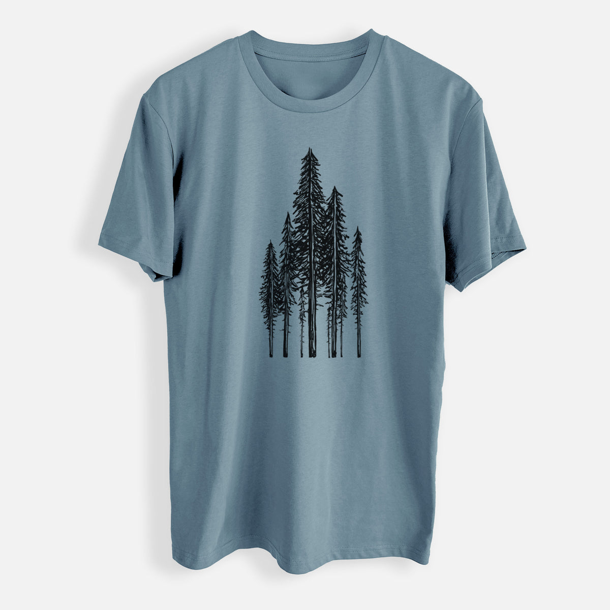 Slate blue everyday staple tee printed with a black ink illustration of a stand of tall coastal redwood trees with slender trunks and layered branches.
