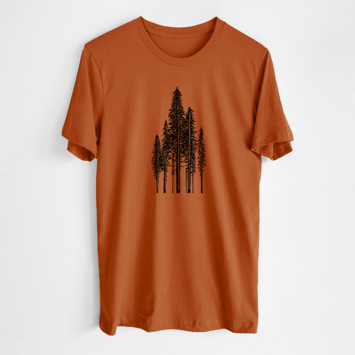 Autumn lightweight cotton t-shirt laid flat, printed with a black ink illustration of a stand of tall coastal redwood trees with slender trunks and layered branches.