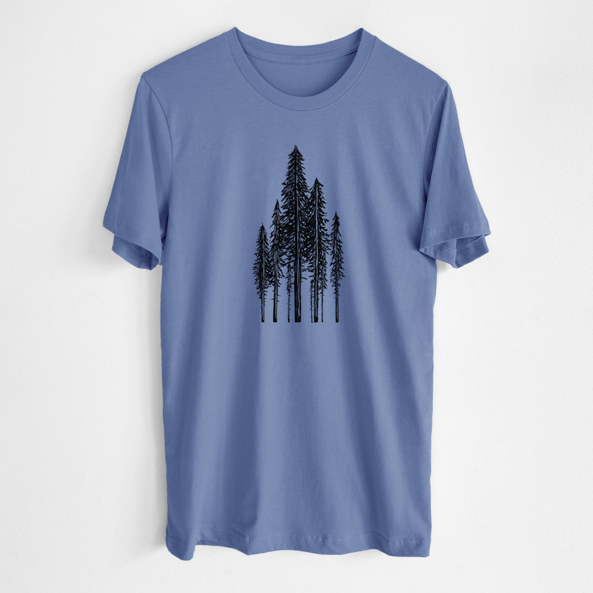 Blue bell lightweight cotton t-shirt laid flat, printed with a black ink illustration of a stand of tall coastal redwood trees with slender trunks and layered branches.