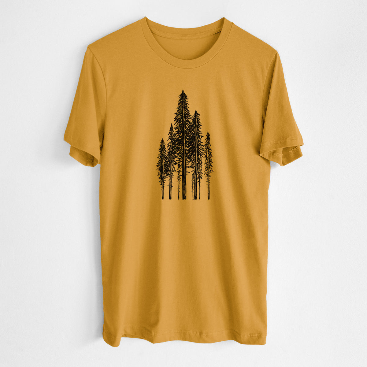 Honeycomb yellow lightweight cotton t-shirt laid flat, printed with a black ink illustration of a stand of tall coastal redwood trees with slender trunks and layered branches.
