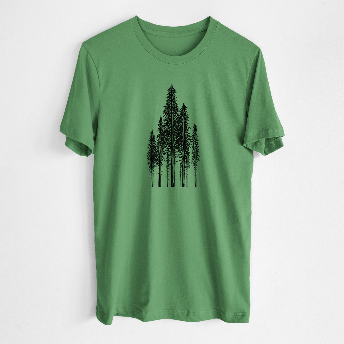 Leaf green lightweight cotton t-shirt laid flat, printed with a black ink illustration of a stand of tall coastal redwood trees with slender trunks and layered branches.