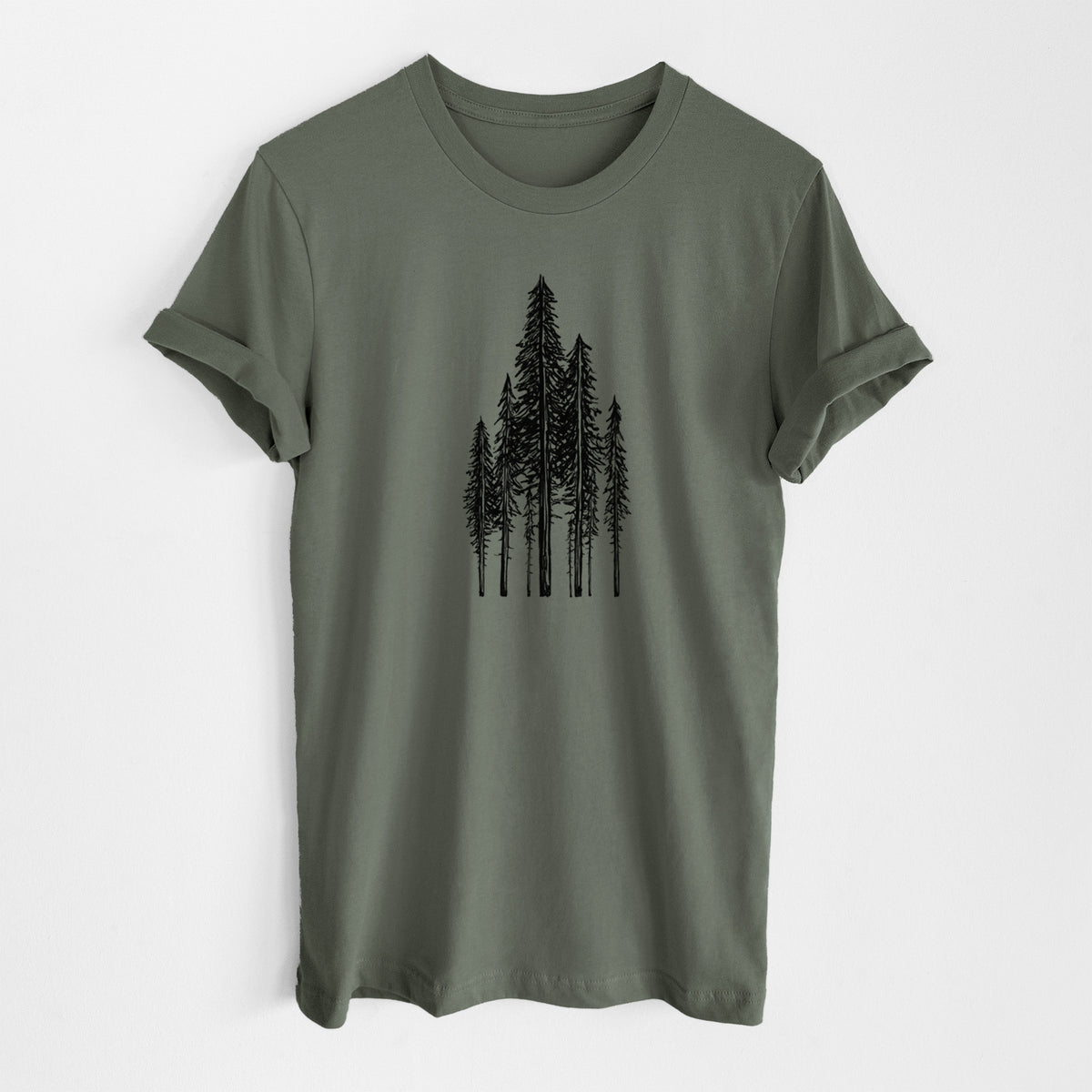 Military green lightweight cotton t-shirt laid flat, printed with a black ink illustration of a stand of tall coastal redwood trees with slender trunks and layered branches.
