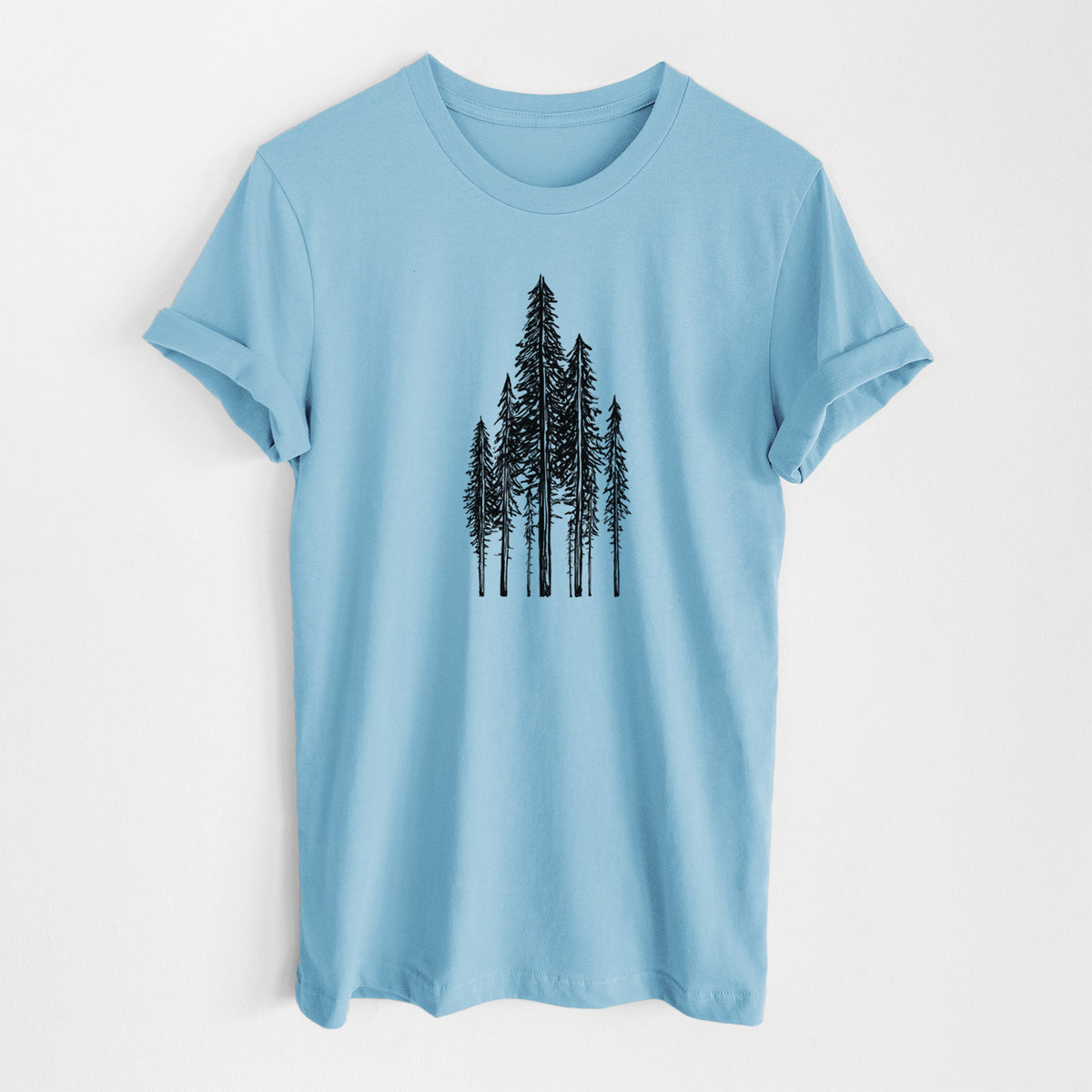 Ocean blue lightweight cotton t-shirt laid flat, printed with a black ink illustration of a stand of tall coastal redwood trees with slender trunks and layered branches.
